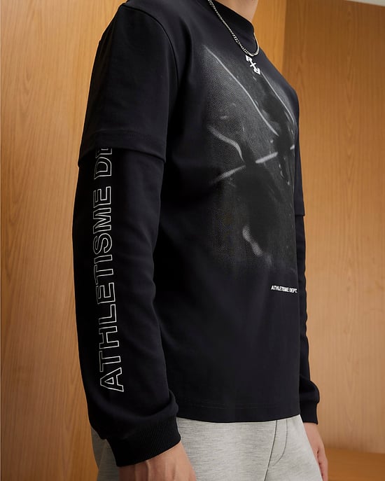 River Island Mens T-Shirt Black Athletisme Dept Double Layered - Image 2