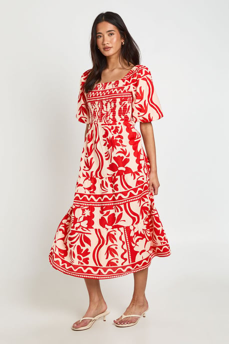 Petite Floral Print Linen Look Volume Sleeve Tiered Midaxi Dress - Image 3
