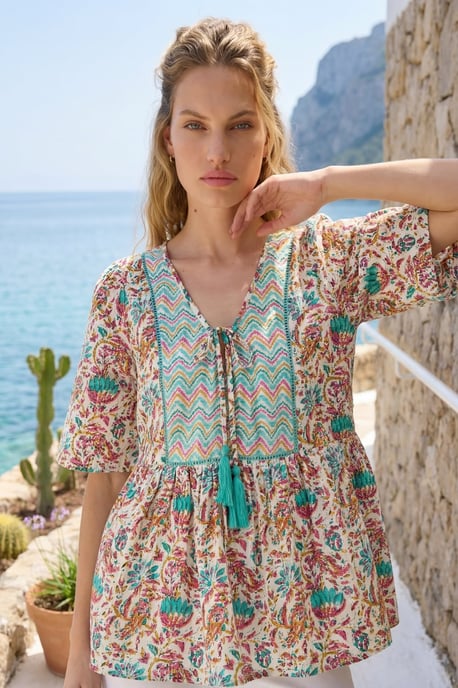 Floral Print Tassel Neck Top - Image 2