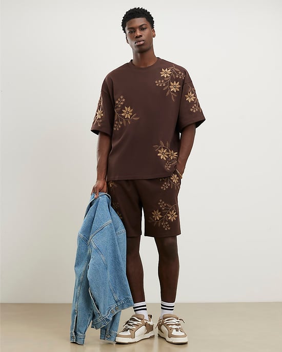 River Island Mens T-Shirt Brown Oversized Fit Floral Crew Neck - Image 4