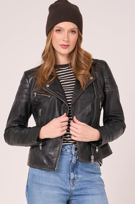 Barneys Originals Washed Leather Clara Biker Jacket - Image 1