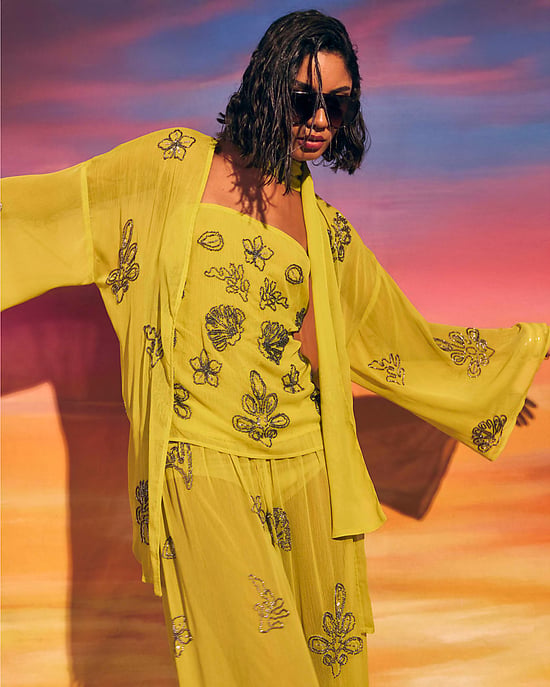 River Island Womens Kaftan Yellow Embellished Long Belted Sleeve - Image 3