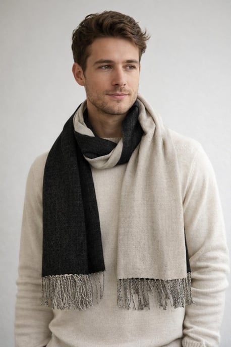 Reversible Two-Tone Cashmere Blend Scarf With Tassels in Black - Image 3