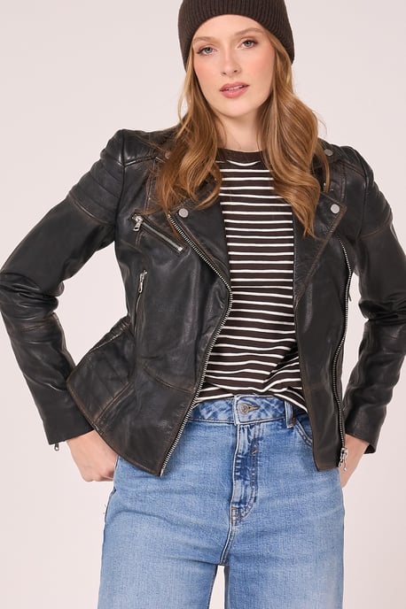 Barneys Originals Washed Leather Clara Biker Jacket - Image 3