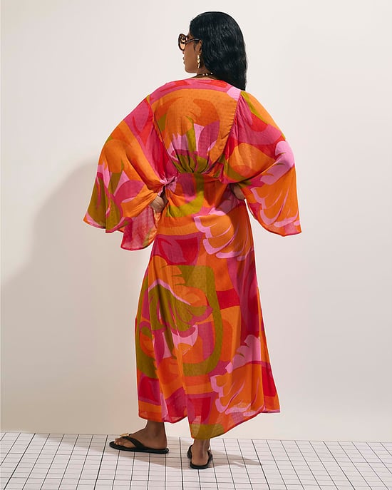 River Island Womens Kaftan Dress Pink Leaf Print Long Sleeve V-Neck - Image 3
