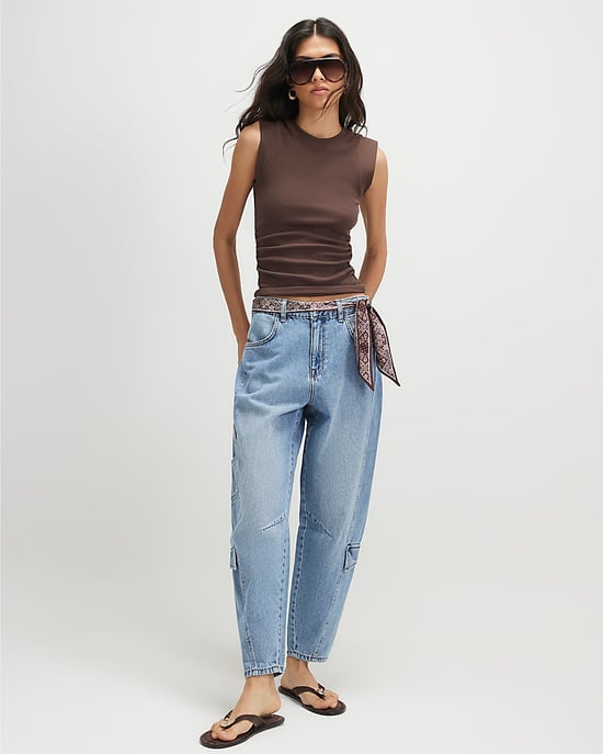 River Island Womens Barrel Leg Jeans Blue Utility Pleat - Image 2