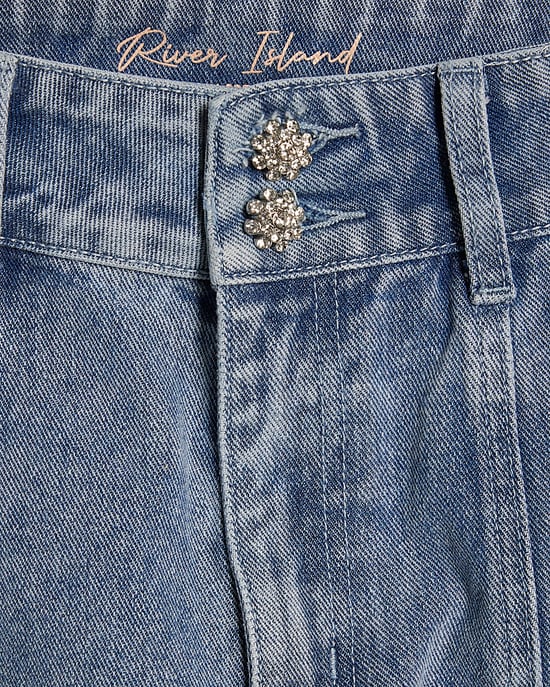 River Island Womens Wide Leg Jeans Blue Washed Bling Button - Image 5