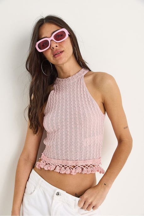 Gestructureerde Halterneck Aansluitende Croptop Blouse - Image 4