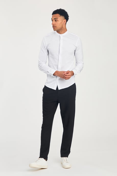 White Cotton Long Sleeve Button-Up Shirt With Grandad Collar - Image 4