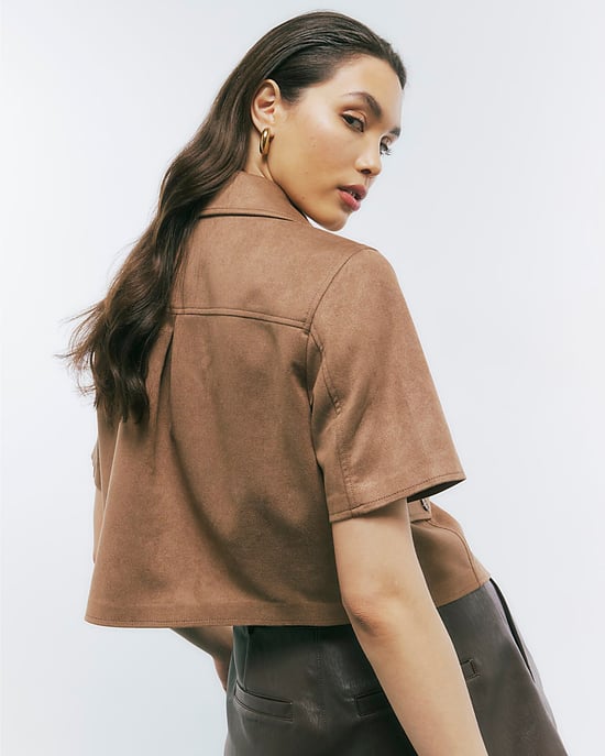 River Island Womens Shirt Beige Faux Suede Pocket Short Sleeve - Image 3
