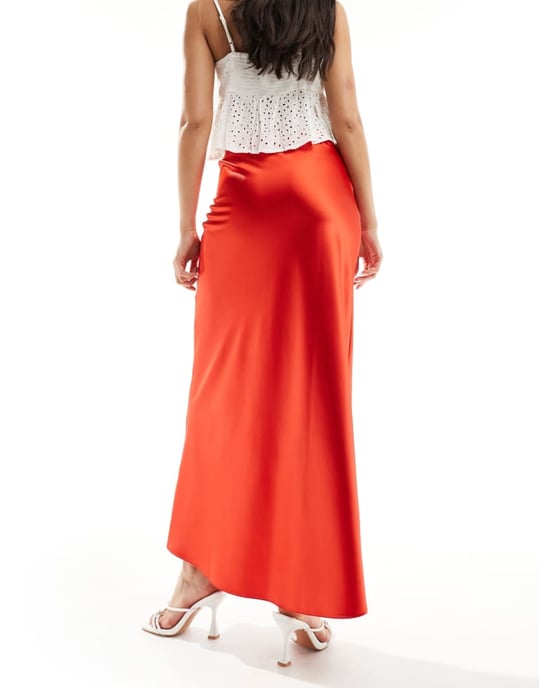 Miss Selfridge satin trim detail bias maxi skirt in red - Image 4