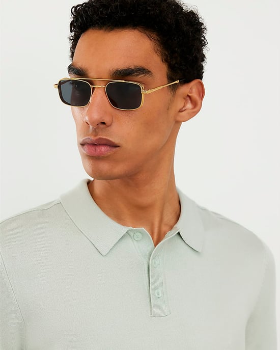 River Island Mens Rectangle Sunglasses Gold Flat Top Black Lenses - Image 5