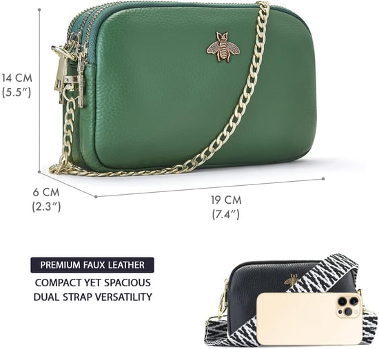 Ladies Crossbody Bag With Wide Strap, Chain And Wristlet in Green - Image 3
