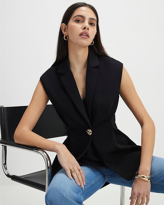 River Island Womens Blazer Black Sleeveless Cinched Waist Collared - Image 2