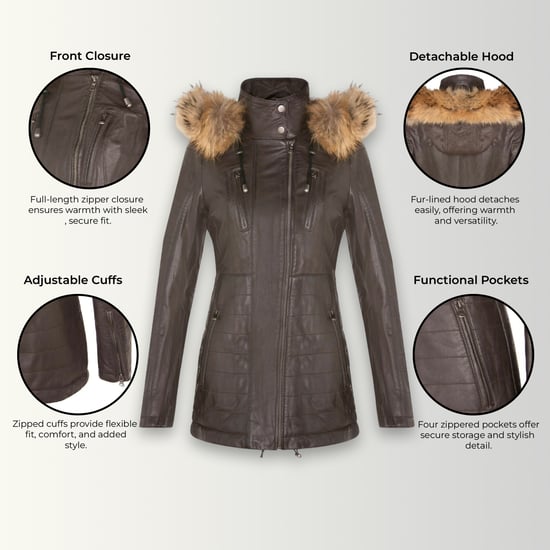 Dames bruine gewatteerde leren parka-jas - Winton - Image 3