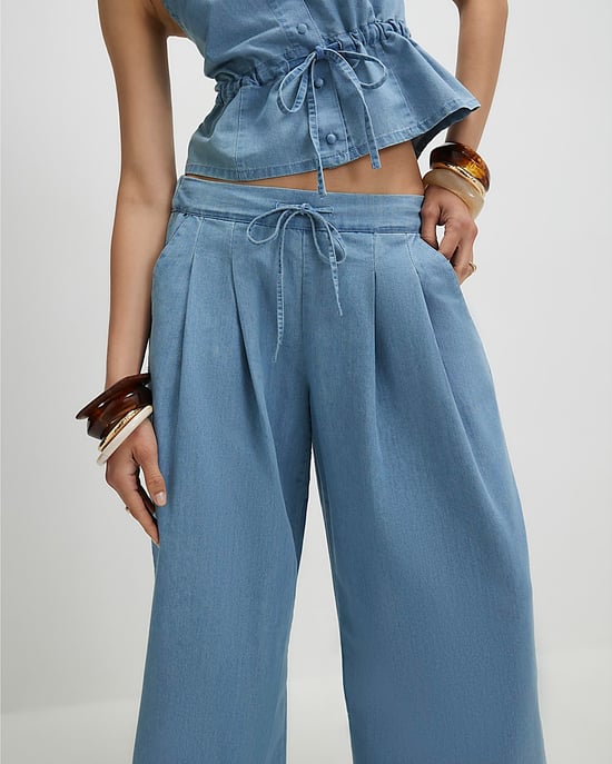 River Island Womens Wide Leg Trousers Blue Denim Look Drawstring - Image 3