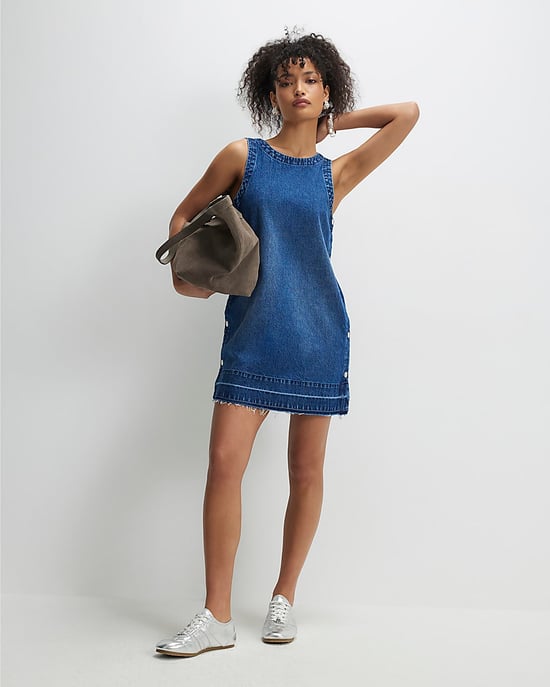 River Island Womens Mini Dress Blue Denim Popper Swing Round Neck - Image 4