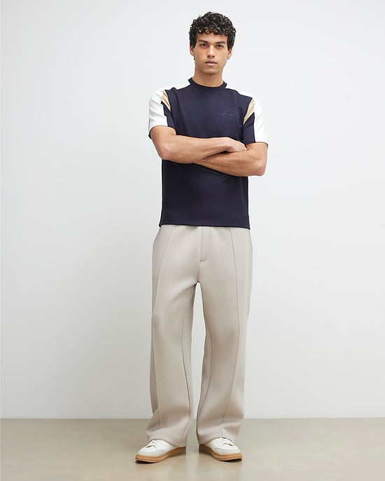 River Island Mens T-Shirt Navy Slim Fit Shoulder Colour Block - Image 2