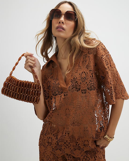 River Island Womens Clutch Bag Brown Bead Elements Zip Top Handle - Image 5