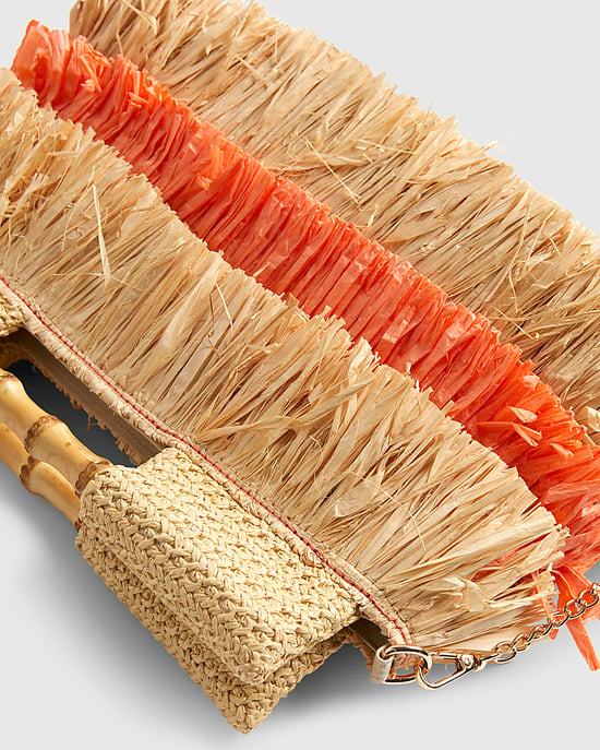River Island Womens Clutch Bag Orange Stripe Raffia Handle Popper - Image 3