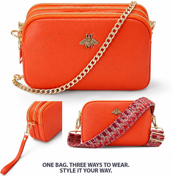 Ladies Crossbody Bag With Wide Strap, Chain And Wristlet in Orange - Image 4