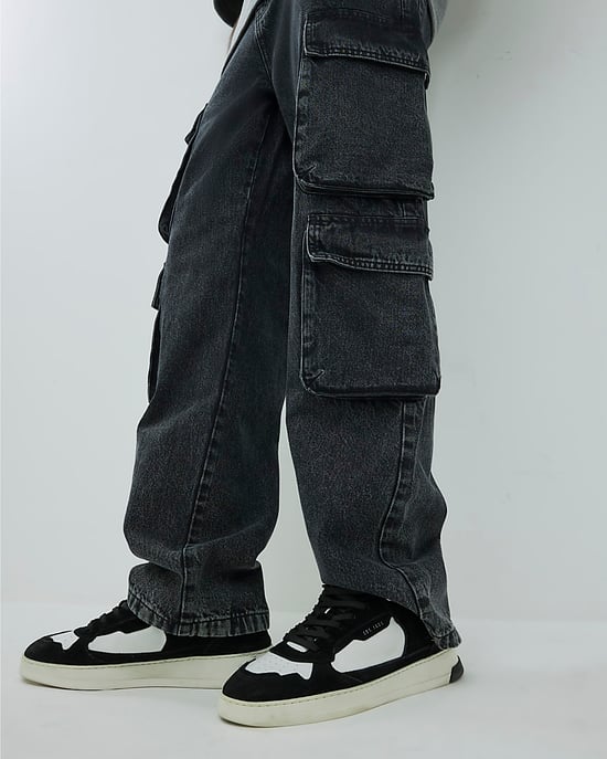 River Island Mens Cargo Jeans Black Loose Fit Elasticated - Image 2