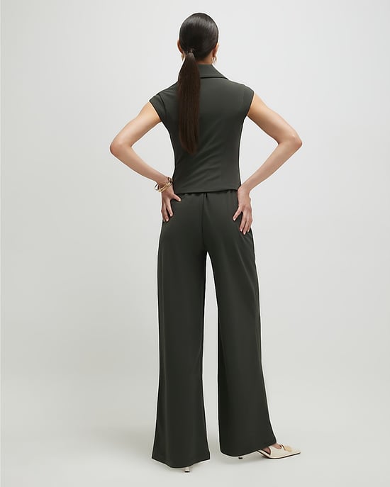 River Island Womens Jumpsuit Green Cap Sleeve Wide Leg V-Neck Button - Image 3