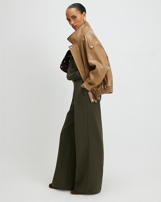 River Island Womens Wide Leg Trousers Khaki Tailored Button - Image 1
