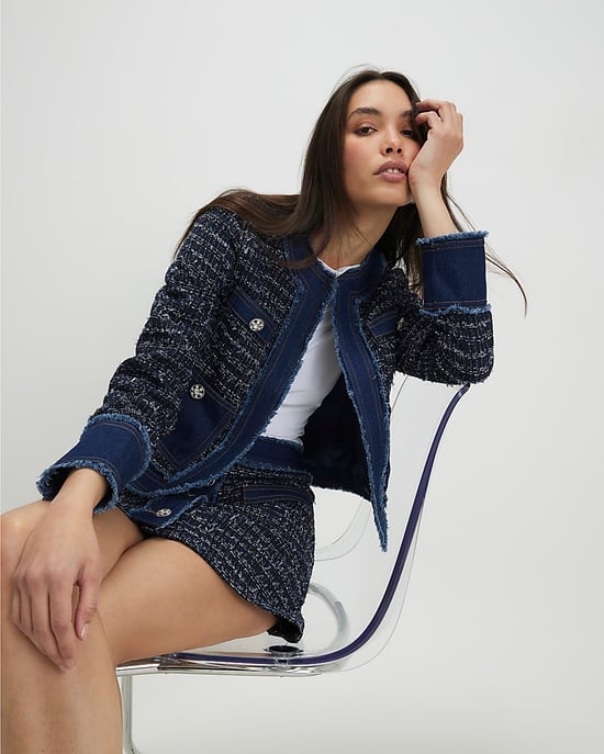 River Island Womens Denim Jacket Blue Boucle Fabric Collarless - Image 4