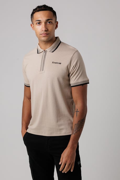 Taupe Regular Fit Cotton Zip Polo Shirt With Gradient Stripes - Image 4