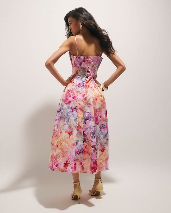 River Island Womens Midi Dress Pink Cotton Floral Print Netted Skirt - Image 3