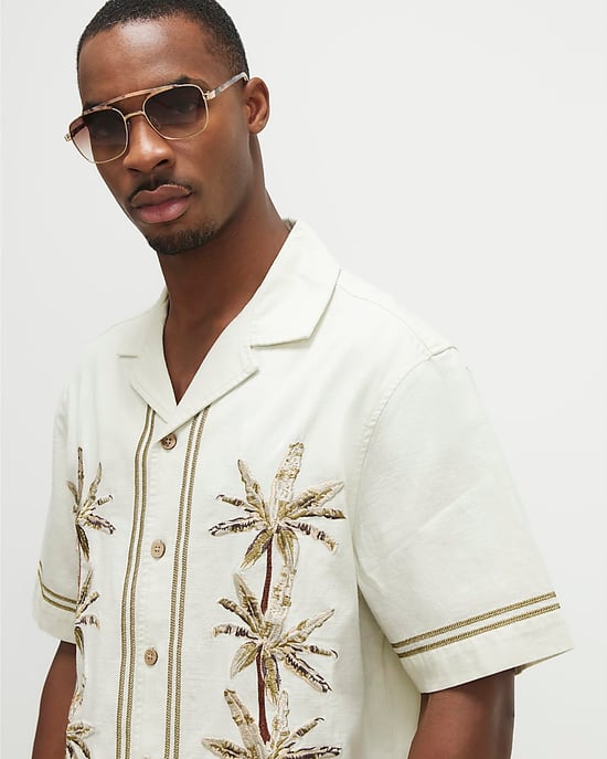 River Island Mens Shirt Cream Palm Tree Embroidered Short Sleeve - Image 2