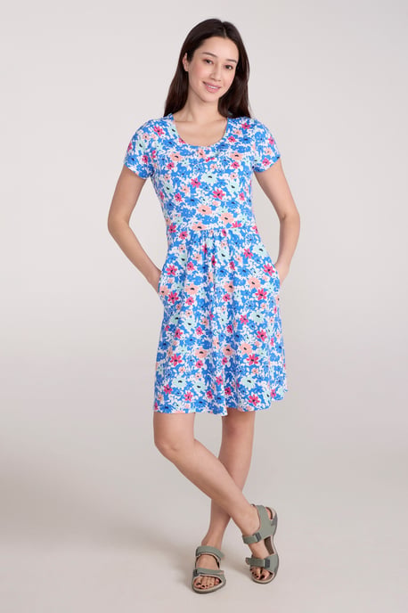 Orchid Patterned Women's UV Summer Dress with Side Pockets Holiday Beach Dress Medium Blue - Image 2