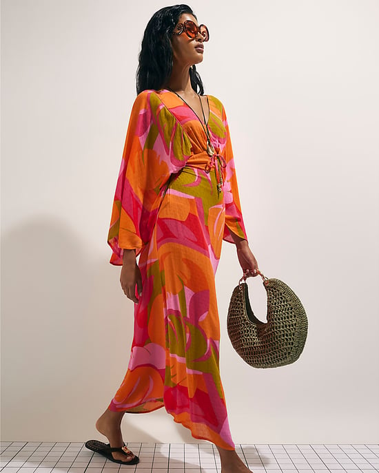 River Island Womens Kaftan Dress Pink Leaf Print Long Sleeve V-Neck - Image 4