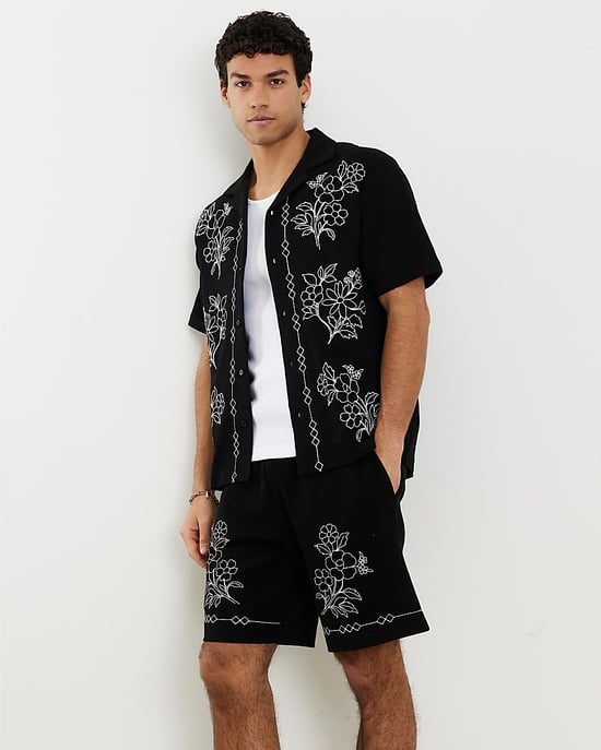 River Island Mens Shorts Black Regular Fit Floral Embroidered Detail - Image 2
