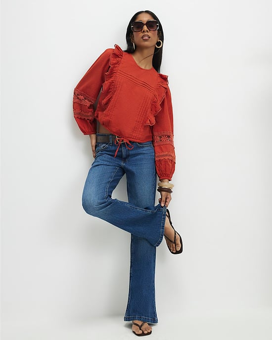 River Island Womens Blouse Orange Long Sleeve Ruffle Round Neck - Image 2