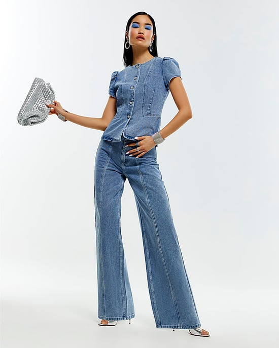 River Island Womens Wide Leg Jeans Blue Washed Bling Button - Image 1