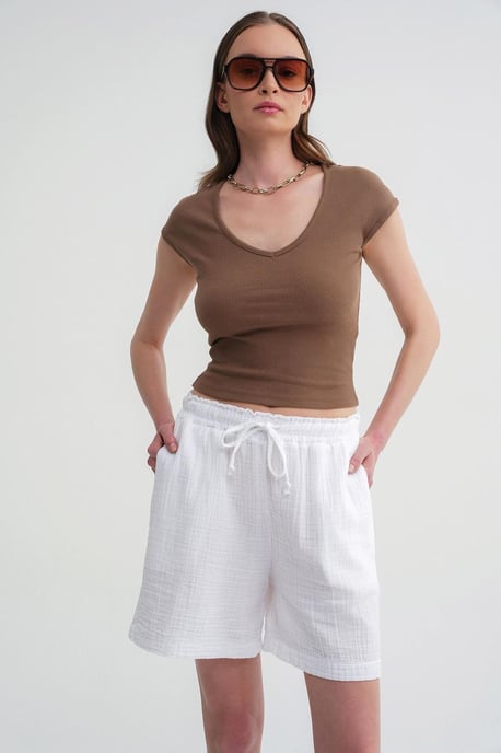 Hoge Taille Textuur Katoenen Shorts - Image 4
