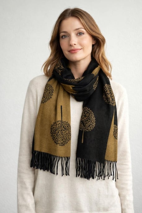 Tree Print Cashmere Blend Scarf With Tassels in Black - Image 1
