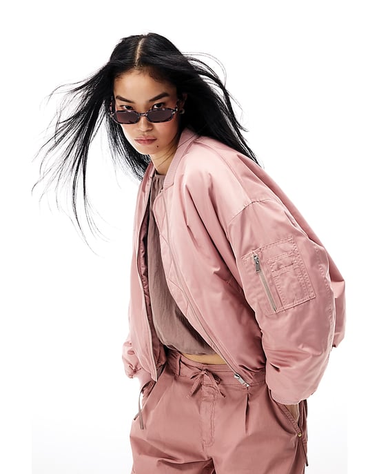 River Island Womens Bomber Jacket Pink Oversized Ruched Hem - Image 2