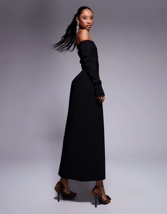 ASOS DESIGN bengaline long sleeve bardot midi dress in black - Image 4