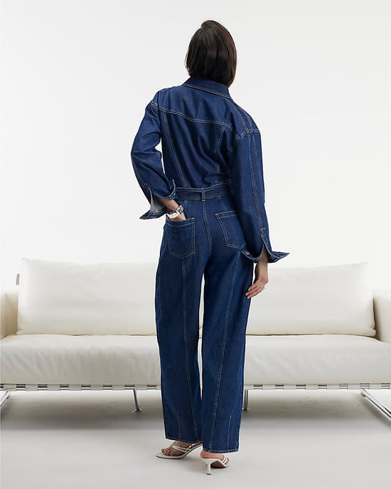 River Island Womens Jumpsuit Blue Utility Belted Barrel Leg Denim - Image 3