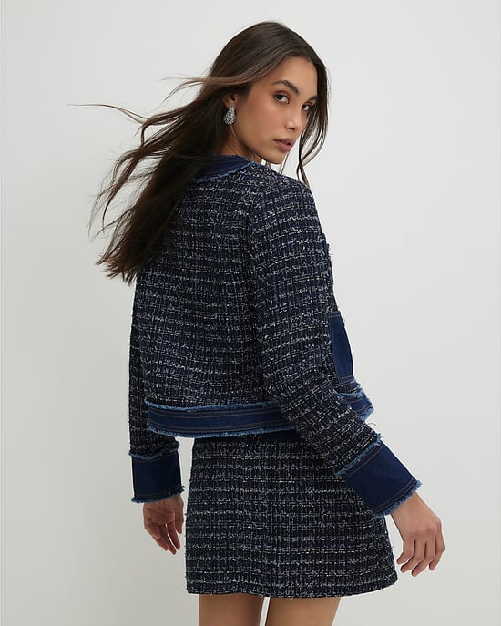 River Island Womens Denim Jacket Blue Boucle Fabric Collarless - Image 3
