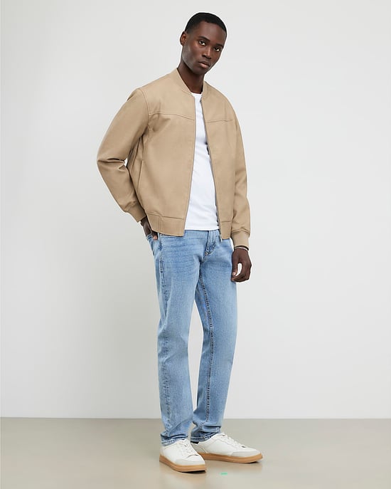 River Island Mens Bomber Jacket Beige Faux Leather Long Sleeve - Image 4