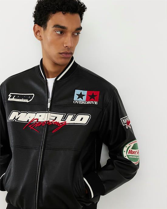 River Island Mens Bomber Jacket Black Faux Leather Motocross - Image 2