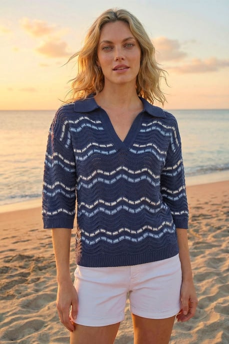 Stripe Wave Knit Polo Top - Image 1