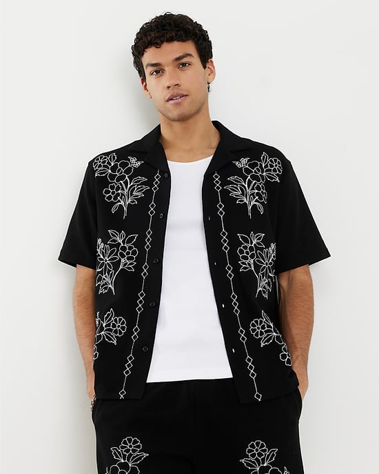 River Island Mens Shirt Black Regular Fit Floral Embroidered Collared - Image 1