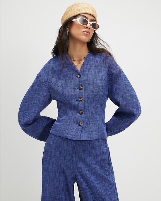 River Island Womens Jacket Navy Cotton Cocoon Sleeve Seamed V-Neck - Image 1