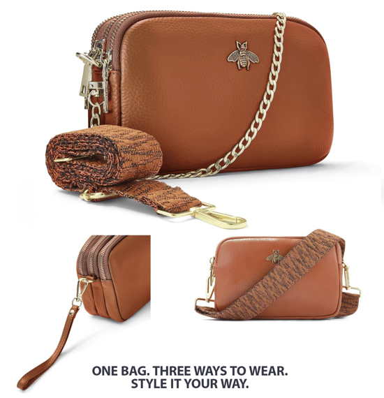 Ladies Crossbody Bag With Wide Strap, Chain And Wristlet in Brown - Image 4