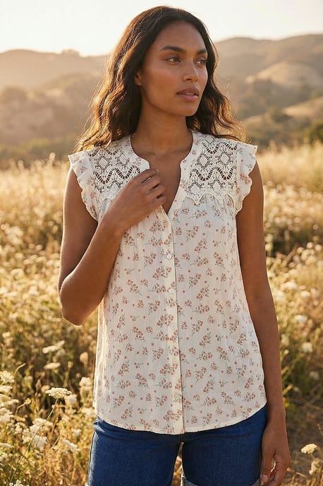 Floral Print Lace Yoke Blouse - Image 1